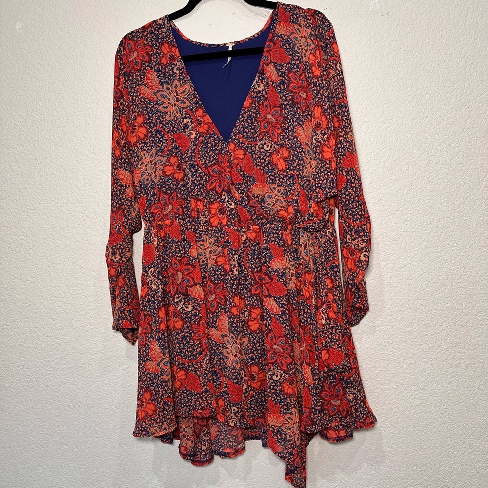 Free‎ People Orange Navy Floral Paisley V-Neck Long Sleeve Mini Dress Small